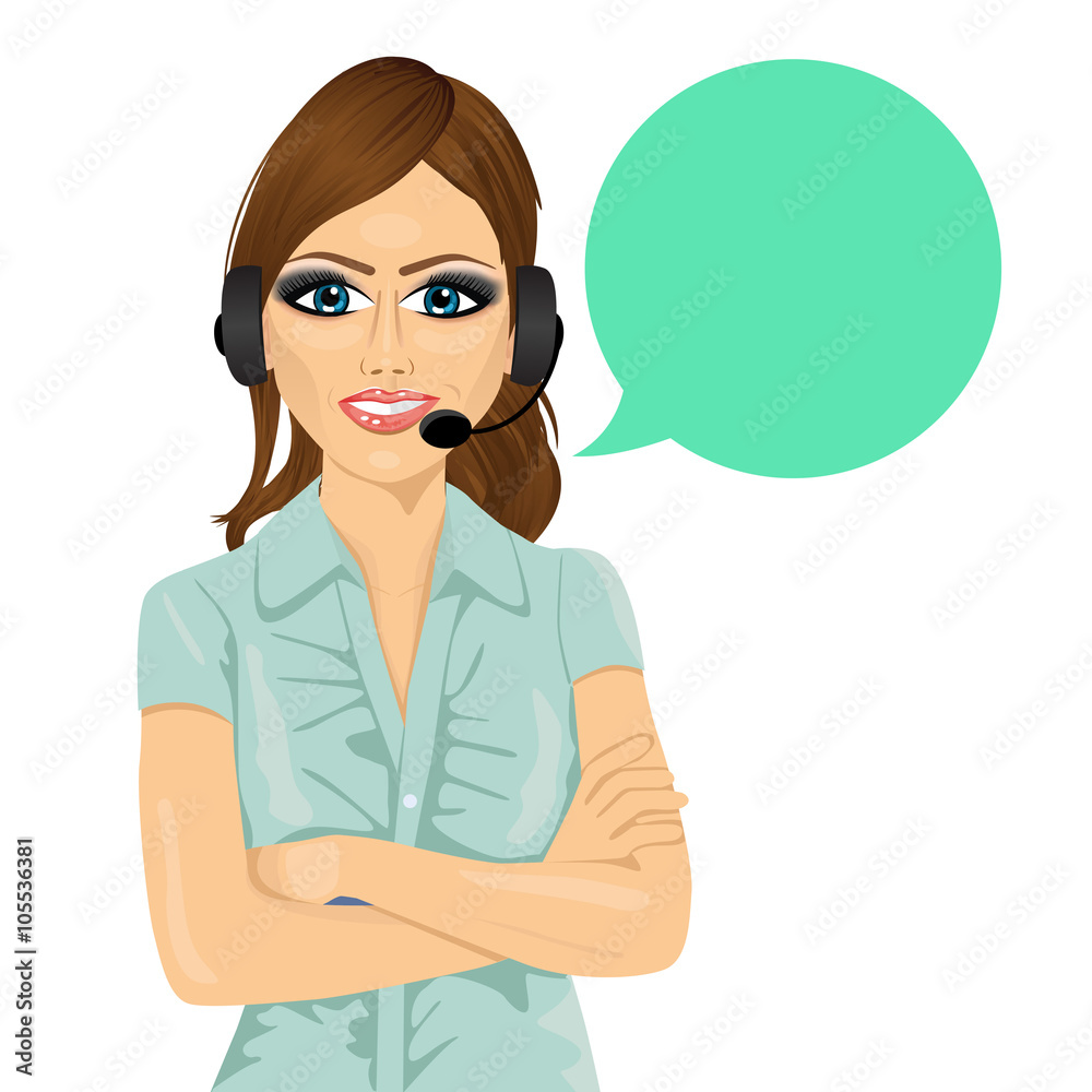 attractive female customer support phone operator with arms folded and speech bubble attractive female customer support phone operator with arms folded and speech bubble