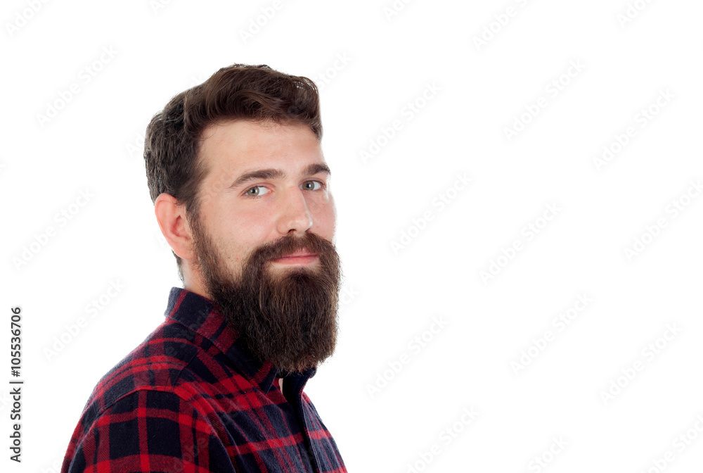 Handsome man with long beard wearing checkered shirt Handsome man with long beard wearing checkered shirt