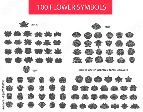 100 flower thin line flat modern icons. Hand drawn silhouette ve