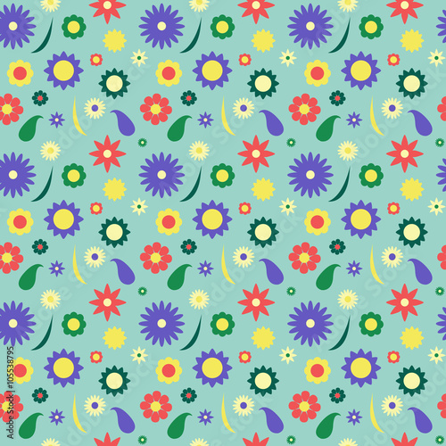 Colorful flower vector pattern in retro style spring meadow with chamomiles and blue background
