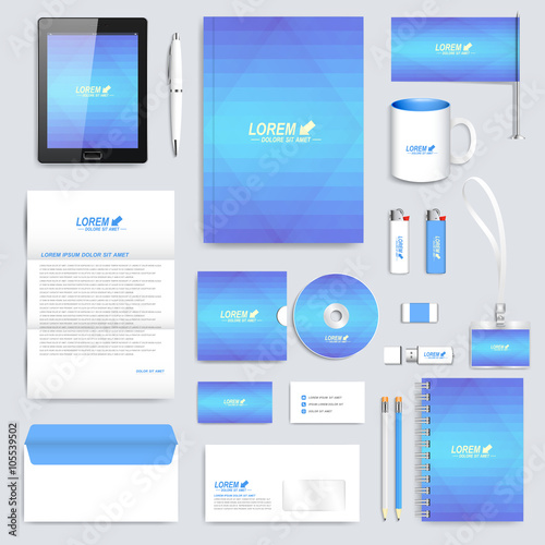 Blue set of vector corporate identity template. Modern business stationery mock-up. Background with light blue triangles. Branding design