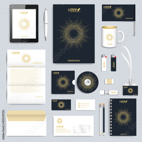 Black set of vector corporate identity template. Modern business stationery mock-up. Branding design with round golden form connected lines and dots . Medicine, science, technology concept