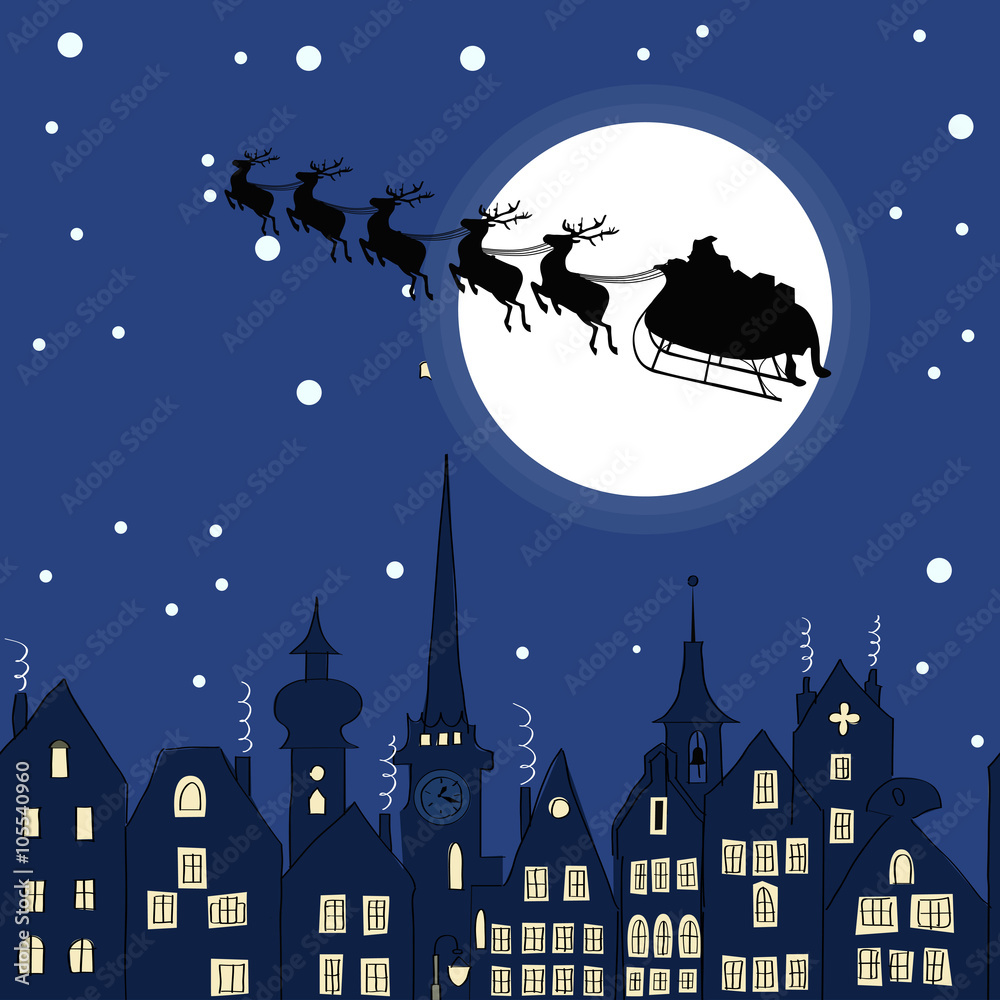 Santa Claus with reindeer sleigh through a Christmas night 