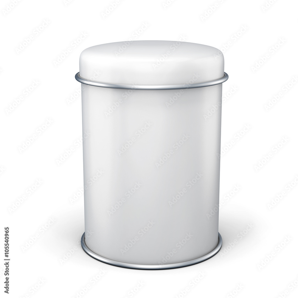 White metal bank for tea isolated on white background. White metal bank for tea isolated on white background.