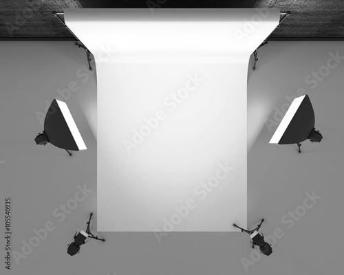 Empty photo studio with lighting equipment. 3d rendering