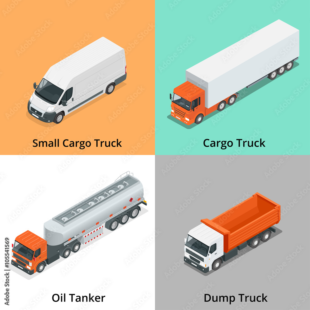 Cargo Truck set icons. Snow Plow Truck, Small Cargo Truck, Concrete