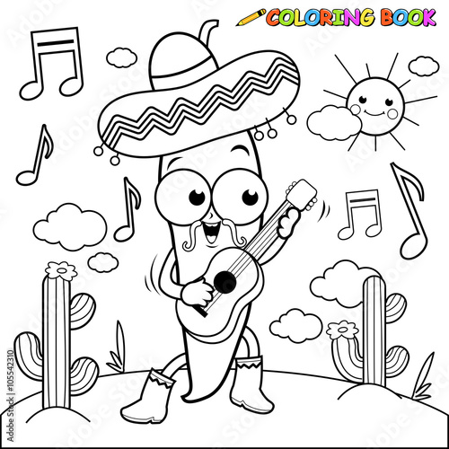 Cartoon Mexican mariachi chili pepper playing the guitar. Vector black and white coloring page.