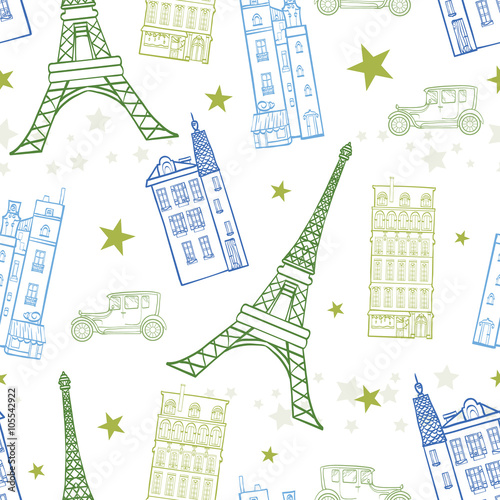 Vector Paris Streets Blue Green Drawing Seamless Pattern with Eiffel Tower, houses, cars and stars. Perfect for travel themed designs products, bags, accessories, luggage, clothing.