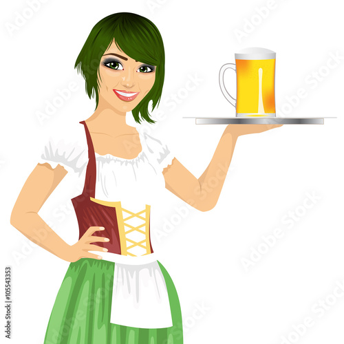 attractive waitress holding tray with beer mug for oktoberfest party wearing a dirndl