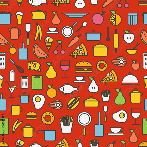 Kitchen tools and meal silhouette icons. Seamless pattern