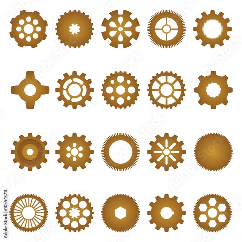 Brown set of inner and outer gears of different shapes and sizes with different numbers of teeth, and the internal shape