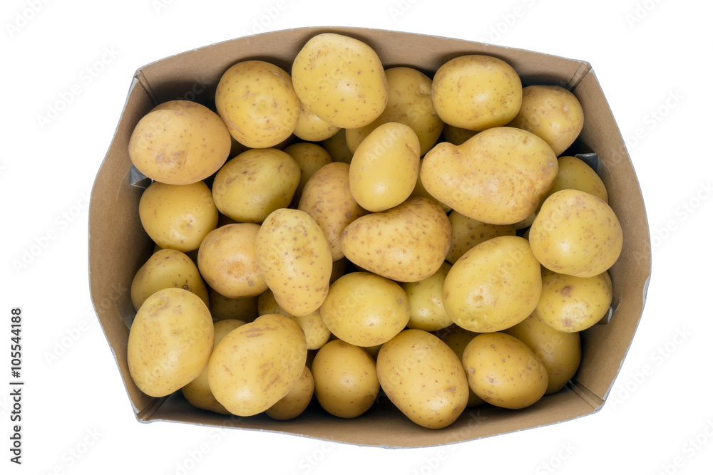 Potato / many potatoes in a box isolated over a white background Potato / many potatoes in a box isolated over a white background