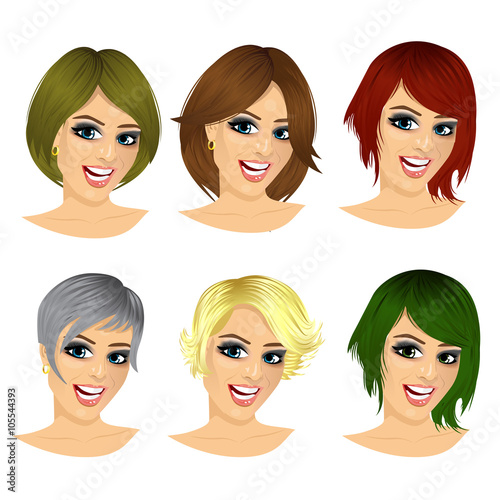 isolated set of young woman avatar with different hairstyles