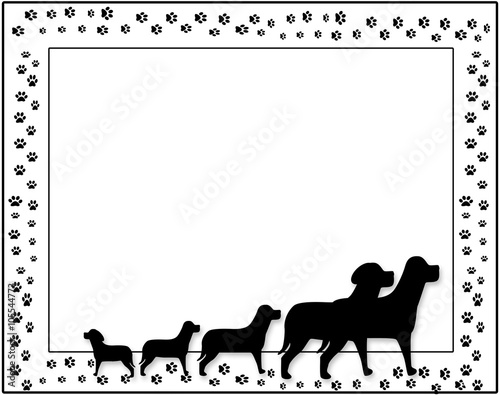 Fototapeta Naklejka Na Ścianę i Meble -  Background of a family of dogs in silhouettes with paw prints for background.  All in Black and white.  Graphic, Illustration