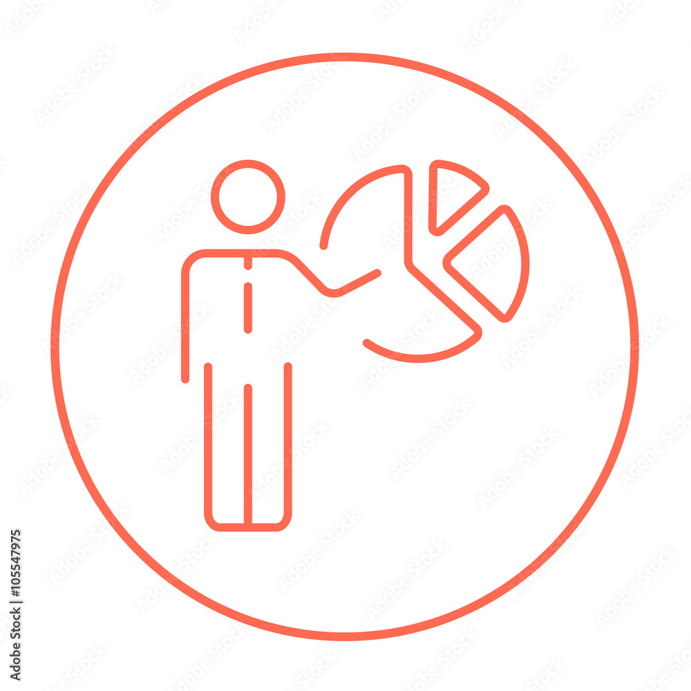 Businessman pointing at the pie chart line icon. Businessman pointing at the pie chart line icon.