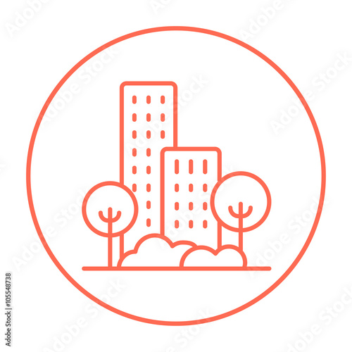 Residential building with trees line icon.