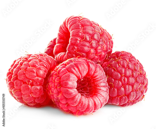 Ripe raspberries close-up isolated on white background.