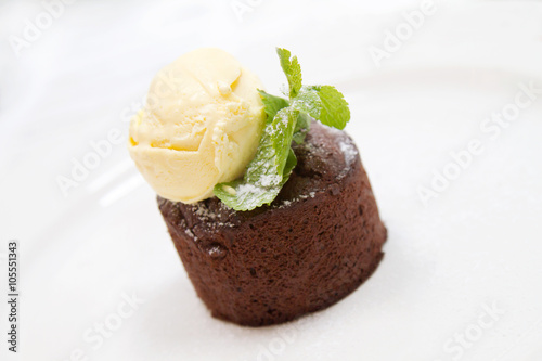 Chocolate cake with ice cream and mint on a white plate