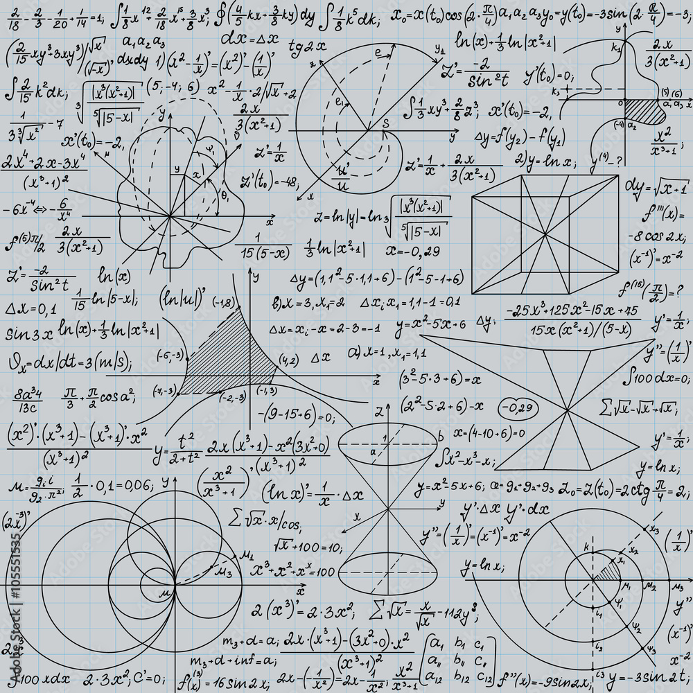 Scientific vector seamless pattern with mathematical formulas and figures, plots. Endless educational math texture, handwritten on a grid copybook paper