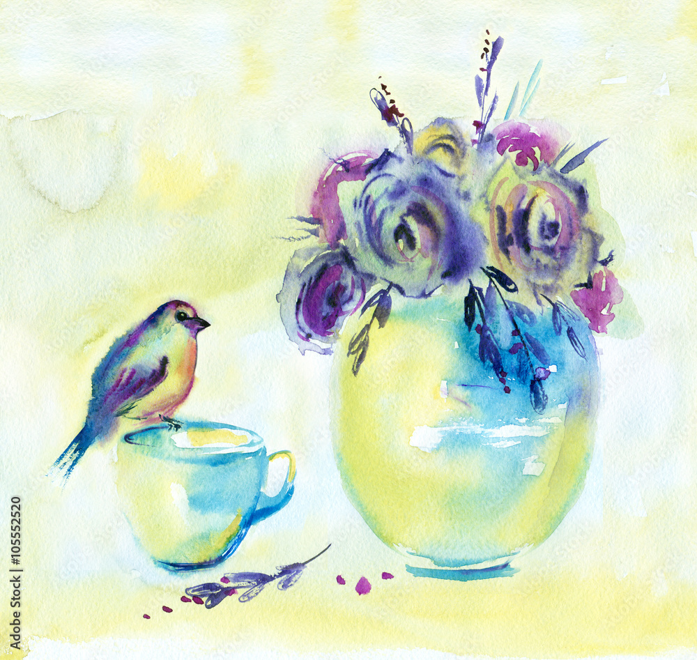 Fototapeta premium Watercolor painting. Flowers in vase and bird on cup.