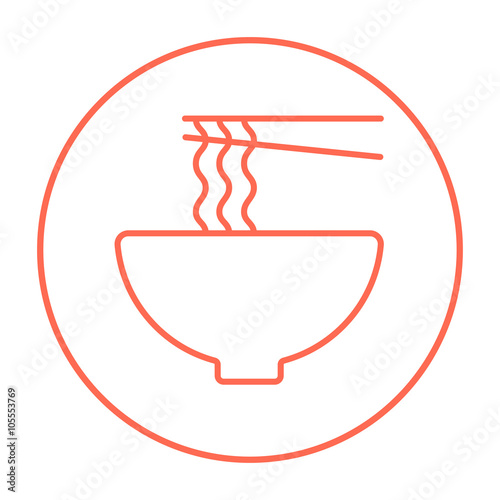 Bowl of noodles with pair chopsticks line icon.