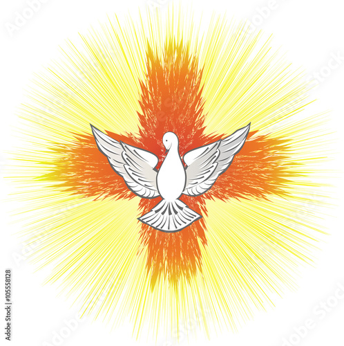 Holy Spirit symbol, dove with halo and light rays in a shape of a cross