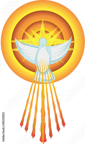 Holy Spirit symbol, dove with gothic rosette halo and light rays