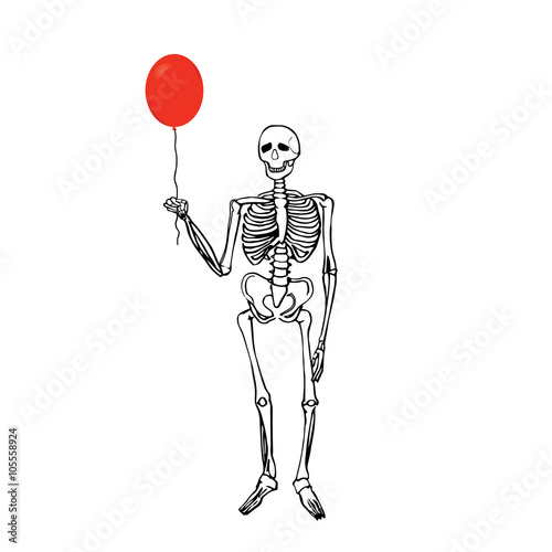 Joyful skeleton that keeps the balloon.