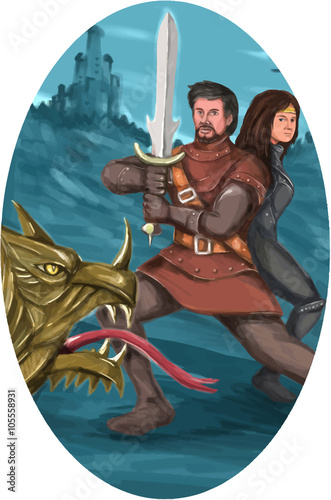 Cavalier and Lady Fighting Dragon Oval Watercolor