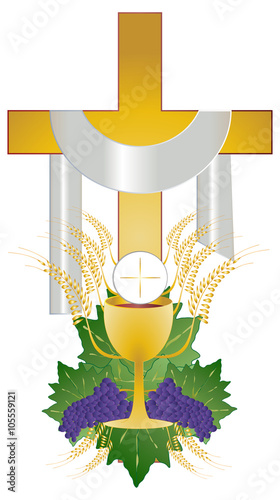 Eucharist symbol of bread and wine, chalice and host, with wheat ears wreath and grapes, with a cross. First communion illustration.