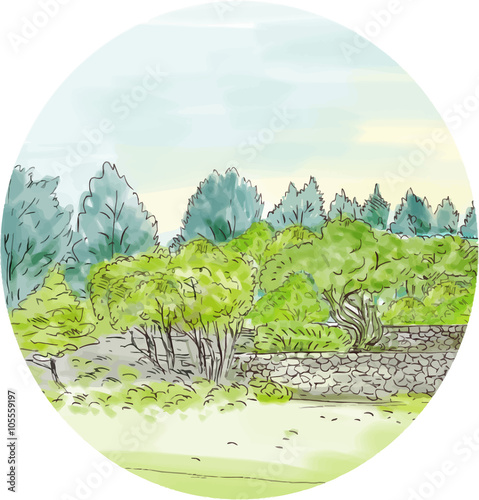 Trees in Park with Cornwall Oval Watercolor