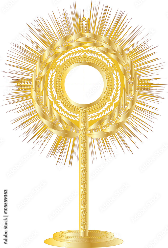 Golden monstrance for Eucharistic adoration of the Blessed Sacrament. Vector illustration. - obrazy, fototapety, plakaty 