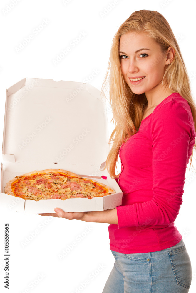 Woman with big pizza in carton box can't wait to eat it.