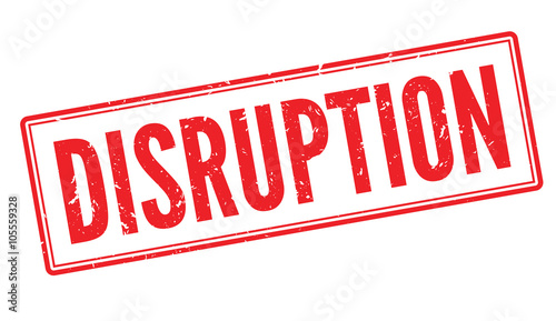Disruption red rubber stamp on white. Print, impress, overprint.