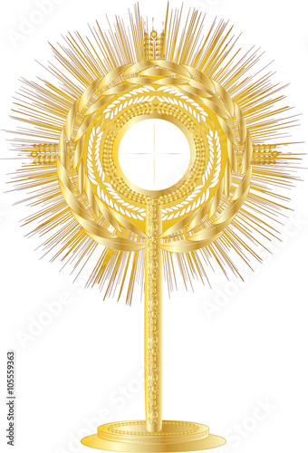 Golden monstrance for Eucharistic adoration of the Blessed Sacrament. Vector illustration.