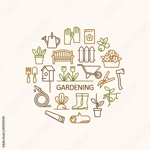 Gardening, tools, flowers icons. Garden objects for info graphics, websites and print media. Vector line icons.