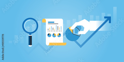 Flat line design website banner of business research and analysis. Modern vector illustration for web design, marketing and print material.