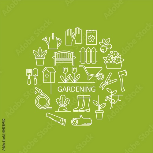 Gardening, tools, flowers icons. Garden objects for info graphics, websites and print media. Vector line icons.