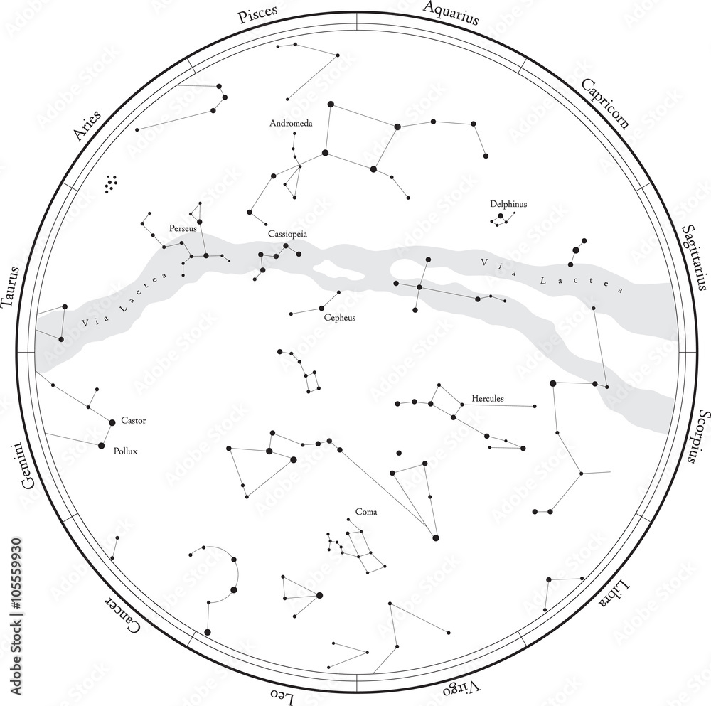 Milky Way Constellations Map Zodiac Star Map With Constellations, Isolated On White. Milky Way And  Stars. Stock Vector | Adobe Stock