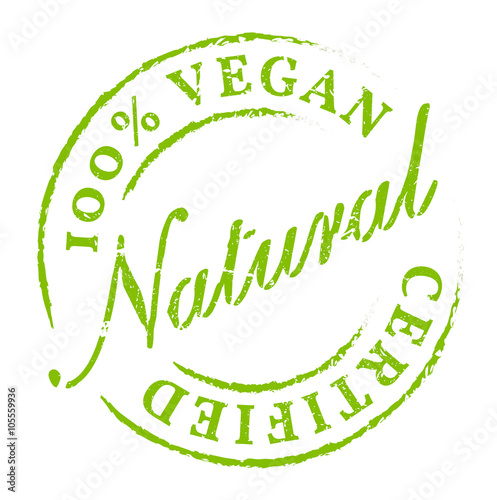 Green 100% Vegan All Natural Icon, Sticker, Badge. Eco product symbol, disstressed natural rubber stamp on white background. Sign of product fresh and healthy nature.