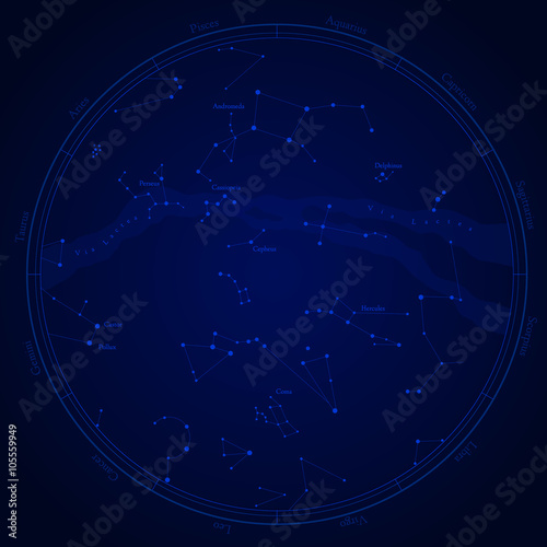 Zodiac star map with constellations, isolated on white. Milky way and stars.