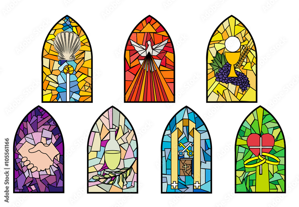 Naklejka premium Symbols of the seven sacraments of the Catholic Church on stained glass church windows