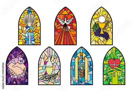 Obraz na płótnie Symbole siedmiu sakramentów Kościoła katolickiego na witrażowych oknach kościoła