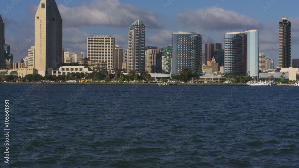 View of San Diego Skyline Downtown Tilt Up from Ocean Water. 4k View of San Diego Skyline Downtown Tilt Up from Ocean Water. 4k