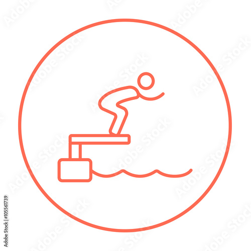 Swimmer jumping from starting block in pool line icon.