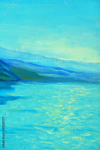 sea, morning, mountains, painting, illustration, impressionism,