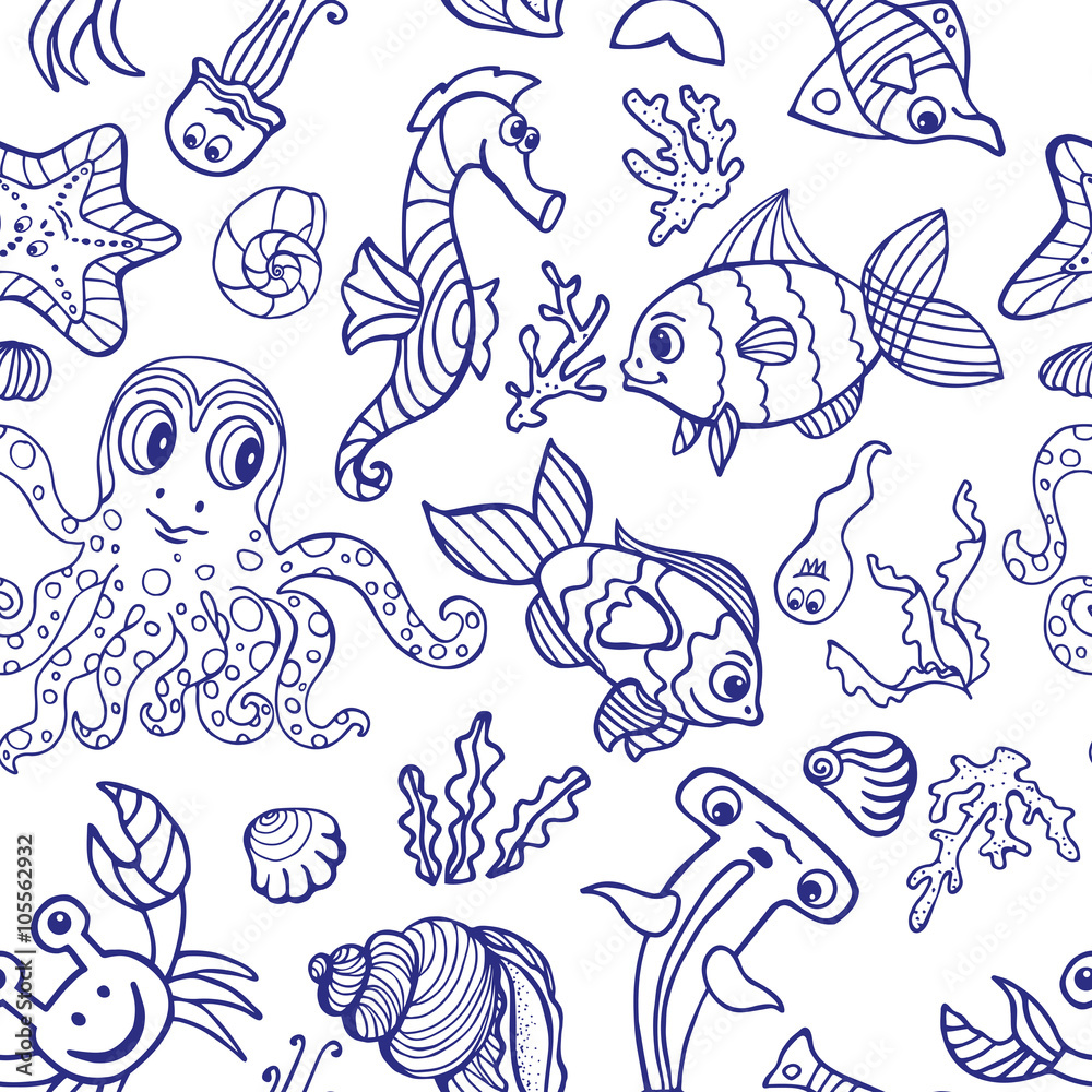 Cartoon Funny Fish, Sea Life seamless pattern.Linear Cartoon Funny Fish, Sea Life seamless pattern.Linear
