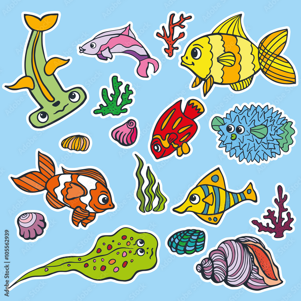 Cartoon Funny Fish, Sea Life stickers.Colored Doodle set Cartoon Funny Fish, Sea Life stickers.Colored Doodle set