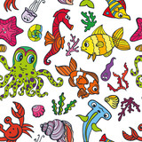 Cartoon Funny Fish, Sea Life seamless pattern.Doodle