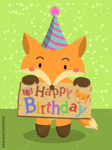 A cute red fox cartoon with party hat holding birthday greeting board in green background.